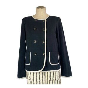 Land's End Double Breasted Knit Cotton Blazer - Navy Blue, White Piping, Size 10